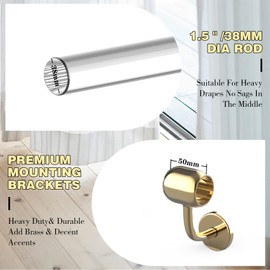 8FT acrylic curtain rod set for 96"windows, 1 1/2" diameter clear acrylic curtain rod with twenty curtain rings. Three gold yellow wall mounted brackets. Modern & clear look.