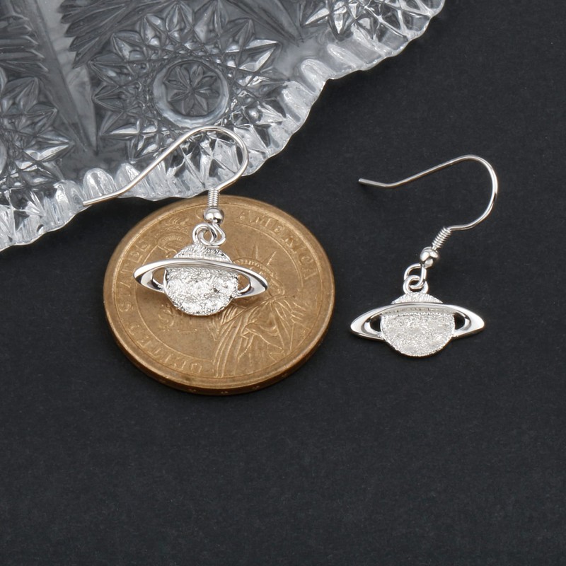 White Gold Plated 925 Sterling Silver Hammered Planet Saturn Earrings