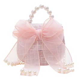 ZOONAI Little Girls Purse,Cute Bowknot Crossbody Handbag Shoulder Bag with Pearl Handle, Detachable Gold Chain (Pink)