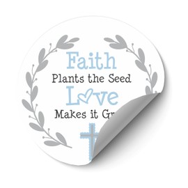 Baptism or Communion Stickers - Faith Plants the Seed Love Makes it Grow Stickers - Succulent Favor Labels- Set of 40 Stickers (Faith Blue)