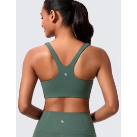 CRZ YOGA Butterlift Double Lined Square Neck Sports Bras for Women - Wireless V-Shaped Racerback Workout Yoga Top Non Padded Dark Forest Green Medium