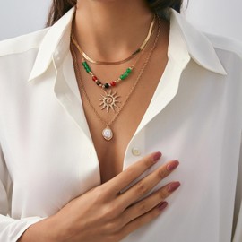 KHKINDPRO Layered Crystal Sun Necklace for Women Trendy，Colorful Hippie Boho Western Jewelry Jewelry Layered Statement Necklace for Cowgirl Country Concert Outfit Accessories (sun)