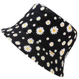 Flower Reversible Bucket Hat Summer Travel Beach Sun Hats Emboridery Vistor Cap (756 Black/Black)