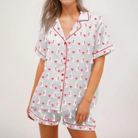 WERNZATT Womens Easter Bunny Pajamas Set Rabbit Print Button Shirts Tops and Shorts Set 2 Pieces Loungewear Soft Sleepwear Outfits (A Bunny&Heart Grey, L)