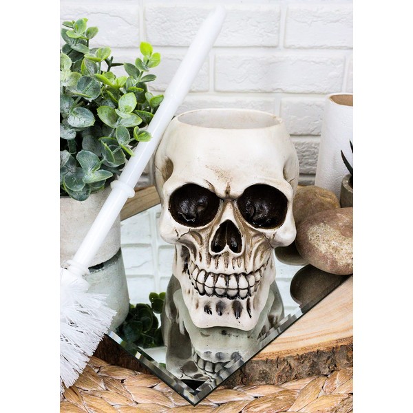 Ebros Ossuary Macabre Grinning Sinister Skull Cranium Toilet Brush and Base Holder Bathroom 2 Piece Set Skulls Skeletons Underworld Accent Decorative