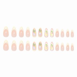 MISUD Almond Press on Nails Medium Fake Nails Glossy Glue on Nails Summer Yellow French Tip Acrylic Nail Supplies Stiletto Artificial Nail Art Flower Stick on False Nails with Design DIY 24 pcs