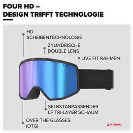 Atomic Four HD Ski Goggles - Teal Blue - Ski Goggles with Contrasting Colours - High Quality Mirrored Snowboard Goggles - Goggles with Live Fit Frame - Ski Goggles with Large Field of View