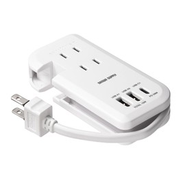 Sanwa Supply TAP-MCU3W Retractable Mobile Tap (3 ACs, 1 Type-C, 2 USB-A, PD33W, White)