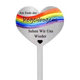 Cosswe Grave Stake Stainless Steel Heart Mourning Decoration with Saying Am Ende des Regenbogens sehen Wir Uns Wieder Metal Steel Rust Grave Stake Grave Decoration for Gardens Yards Keepsake