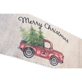 Vintage Red Truck Merry Christmas burlap table runner