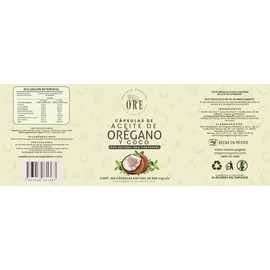 ORE Aceite de Orégano y Coco, 100 Cápsulas Softgel, 500 mg, Suplemento Natural, Orgánico, Aceite de Orégano con 80% Carvacrol y Aceite de Coco