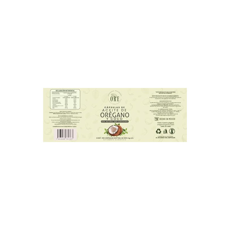ORE Aceite de Orégano y Coco, 100 Cápsulas Softgel, 500