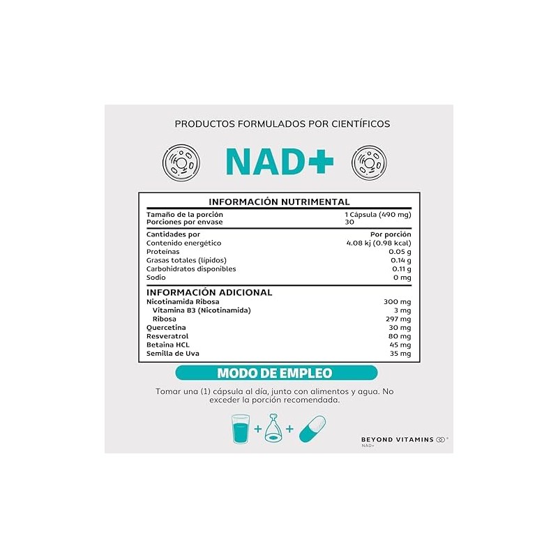 NAD NR Nicotinamida Ribosa potenciado con Resveratrol, Quercetina, Betaina HCL