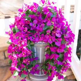 Faux Bougainvillea Artificial Flowers Plants for Outdoors Outside Decoration, 2 pcs Purple Fake Flowers UV Resistant Look Real Silk Long Trailing Vines for Front Door Porch Planter Urn Patio Garden