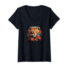 Womens Leopard With Flowers Around Boho Style Graphic V-Neck T-Shirt