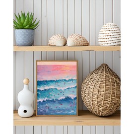 ARPEOTCY Vintage Framed Canvas Wall Art, 12x16inch, Summer Beach Pink Surf Coastal Cowgirl Room Wall Decor, Blue Ocean Girly Art Prints Home Decorations Aesthetic for Bedroom Dorm Decor