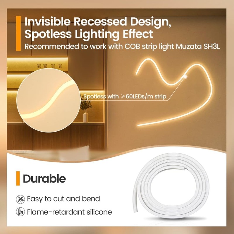 Muzata 16.5FT/5Meter Spotless Silicone LED Channel System Recessed Flexible Tube