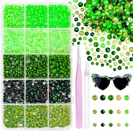 12000 Pcs Green Flatback Pearls and Rhinestones for Crafting, 3-5 mm Jelly Resin Rhinestones, Mixed Size Half Pearl Bedazzling Gems for Nail DIY Crafts Mugs Bottles Tumblers Clothes Makeup