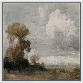 SIGNFORD Framed Canvas Print Wall Art Cloudy Skies Over Trees Impressionist Landscape Nature Wilderness Illustrations Rustic Zen Colorful for Living Room, Bedroom, Office - 16"x16" White