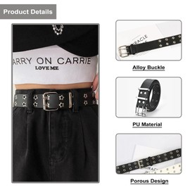 Grommet PU Leather Belts Y2K Punk Waist Belts Double Grommet Stars Adjustable Waist Belt Rock Niche Design Belt Vintage Jeans Belts for Women or Men(Black)