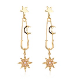 XSDSLS Moon Star Earrings Women's Golden Crescent Star Earrings Moon Star Asymmetrical Earrings Moon Stud Earrings Star Hanging Stud Earrings for Women Girls, Alloy (ear needle 925 white copper