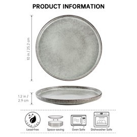 Henten Home Ceramic Dinner Plates, 10 Inch Large Porcelain Steak Plates Set of 4, Fluted Round Pasta Plates for Kitchen, Salad Serving Stoneware Dishes, Reactive Glaze, Scratch Resistant (Grey)