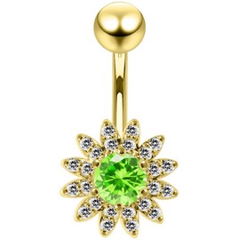 Peridot Green Cz Stone Round Center with Sun Flower Design Yellow Gold Plated Sterling Silver with Stainless Steel Belly Ring - Belly Button jewelry - Navel jewelry - Silver Navel Ring