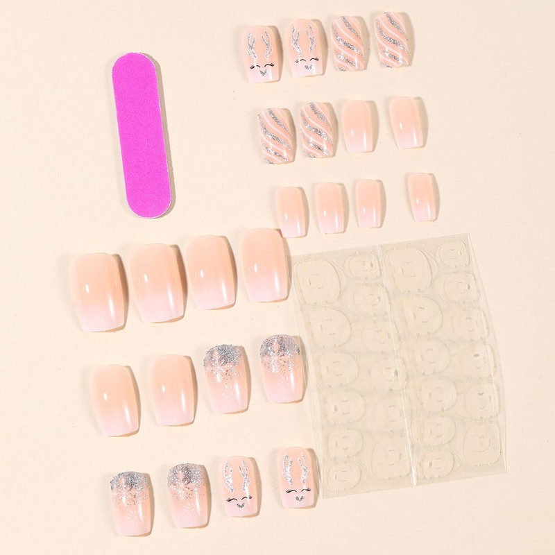 24Pcs Christmas Press on Nails Medium Artificial Square Acrylic False