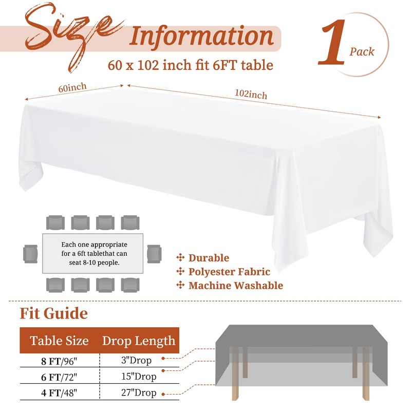 Showgeous White Tablecloths Rectangular Polyester Tablecloth for 6ft Rectangle Tables