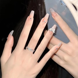 Nail Tip, Long Nail Tip, 24 Pieces, Glitter, Shiny, 3D, Korea, Popular, Stylish, Spring, Summer, Handmade, Nail Tip, Gel Nail, Nail Seal, Cute, Long, Bridal, 3D Nail Tip, Wedding, Party, Dating, Daily