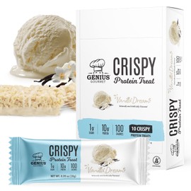 Genius Gourmet Barrita de proteína crujiente, Vanilla Dream, snack cetogénico, bajo en carbohidratos, bajo en azúcar y sin gluten, snacks proteicos para adultos, 10 g de proteína de suero por barra
