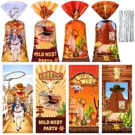 Jetec 100 Pcs Western Cowboy Cellophane Bags Wild West Cowboy Gift Treat Goodie Candy Bag with Ties Wild West Birthday Party Decorations Supplies Favors