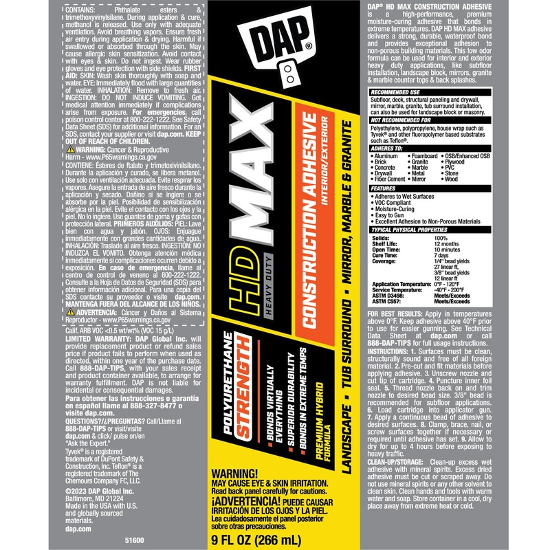 DAP HD Max Construction Adhesive, White, 9 oz (7079827511)