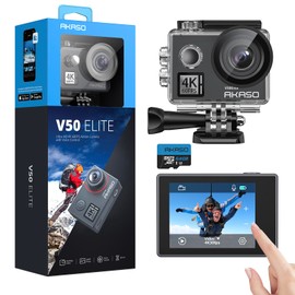 AKASO V50 Elite Action Cam, 4K60FPS 20MP Underwater Camera with 64GB U3 Memory Card WiFi with Touchscreen ICE 40M Sports Camera 8X Zoom Voice Control Remote Control Accessory Kit
