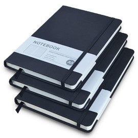 Notebook A5, Pack of 3 Black Hardcover Journal Notebooks, Lined Notebook A5 with 200 Pages, Faux Leather Cover Notebook with Elastic Closure Band for School, Office, Writing