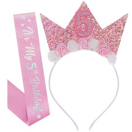NHQZ 5 Year Birthday Crown, Crown 5 Year Birthday Girl with Rose Flowers, Girls Birthday Headband, Ceremonial Belt, Pack of 2
