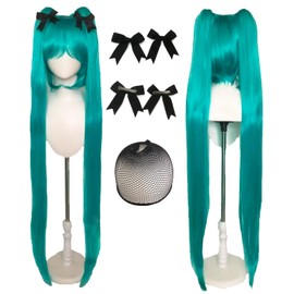 CICIBOLAYEZ 47inches/120cm Green Cosplay Wig with 2 Ponytails Long Straight Wigs with Bangs for Lolita Synthetic Hair for Halloween Costume Party Cosplay Wig with 2 Bowknot Accessories