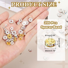 PATIKIL 4mm Rondelle Spacer Bead, 200 Pcs Crystal Rhinestone Loose Bead Spacers for Jewelry Making, DIY Bracelets, Necklace, Gold/AB White