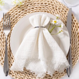 MLMC 10 Pack Ivory White Easter Linen Napkins Boho Rustic Gauze Cloth Napkins with Fringe Washable Reusable Dinner Table Decor 17"×17" for Wedding Party Bridal Baby Shower Spring Decor