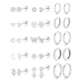 LOLIAS Silver Flat Back Earrings - Hypoallergenic Surgical Stainless Steel Stud Hoop Earrings for Women Men Small Huggie Hoops Cartilage Earring Set age：over 4 years old