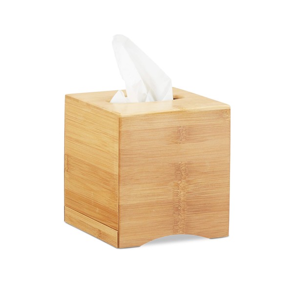 Relaxdays Square Facial Tissue Box, Wooden Bamboo Cosmetic Tissue Dispenser, Cover, HWD: 15.5 x 14.5 x 14.5 cm, Natural