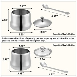 RAMFIYN 12oz Stainless Steel Sugar Bowl Decorative Silver Ghee Container with Spoon and Glass Lid Small Spice Jars for Seasonings Condiment Pot for Kitchen Coffee Table