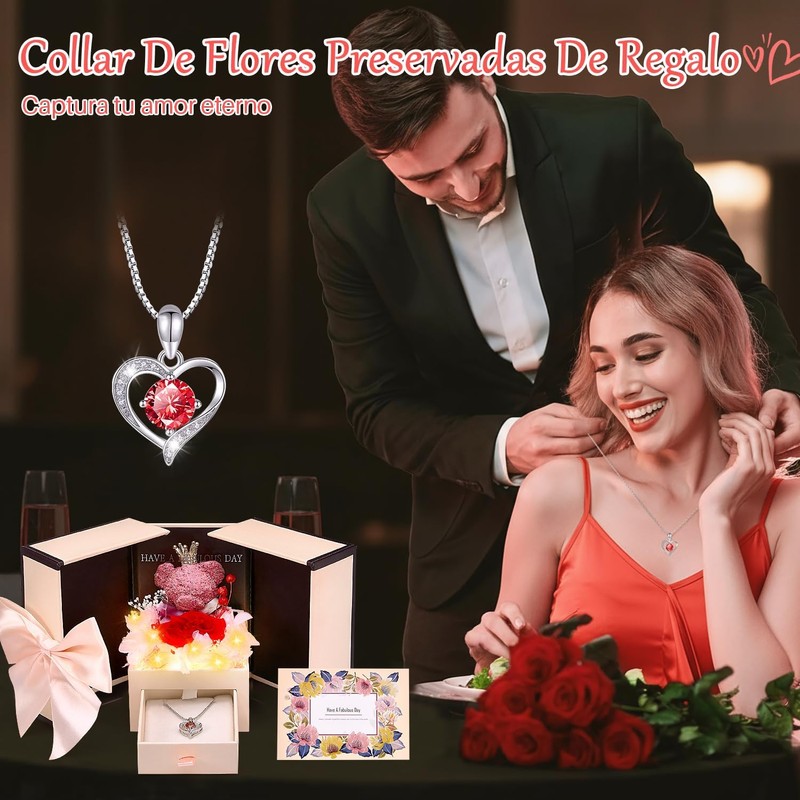 Nasjac Flor Rosa Eterna,Collar y Pendientes,Oso LED,Regalo Ideal para Mujer