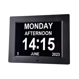 Large Dementia Clock with Medication Reminders, Day, Date, Alarms, Selectable Analogue/Digital Displays (8 inch), Mains-powered