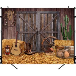 Canessioa 10x8ft Western Party Backdrop Rustic Wooden Barn House Western Cowboy Party Decoration Supply Wild West Decor Barn Photo Background for Kids Children Boy Baby Photo Birthday Banner