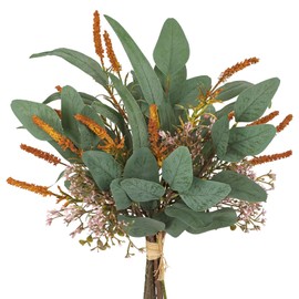 Fall Artificial Eucalyptus Bouquet with Orange Sage Leaves – Autumn Faux Greenery Bush with Raffia Wrap for Farmhouse, Kitchen, Table, and Seasonal Home Décor
