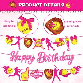 Softball Birthday Banner Set - Glitter Happy Birthday Sign & 2 Softball Garlands, Hot Pink & Yellow Sports Theme Party Decor for Girls, Baby Showers, Sports Celebrations