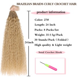 Xtrend 24 Inch Pre Looped Micro Curly Crochet Hair 8 Packs Honey Blond Brazilian Kinky Curly Braiding Hair Extensions Synthetic Deep Wave For Mini Senegalese Twist Hair for Women (30 Strands/Pack，27#)