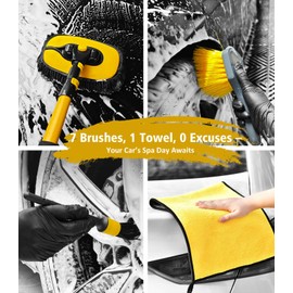 YeewayVeh Car Wash Kit, Extendable Car Wash Brush Mop with Long Handle, 5pcs Detailing Brush, 1pc Wheel Brush and Microfiber Towel Car Cleaning Kit Supplies Accessories, Ginger