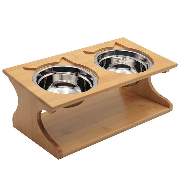 Rooroopet Premium Elevated Pet Bowls,15° Tilted Raised Cat Feeder Solid Bamboo Stand Food Feeding Bowl for Cats and Puppy (2 Bowls,Stainless)